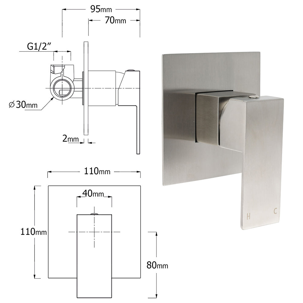 Brushed Nickel Square Twin Shower Set 12" Rain Head 3 Modes Handheld Silding Rail Wall Mixer