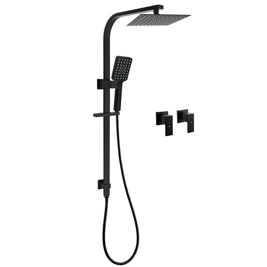 Matt Black Square Twin Shower Set 8" Rain Head 3 Modes Handheld Silde Rail Arm + Taps
