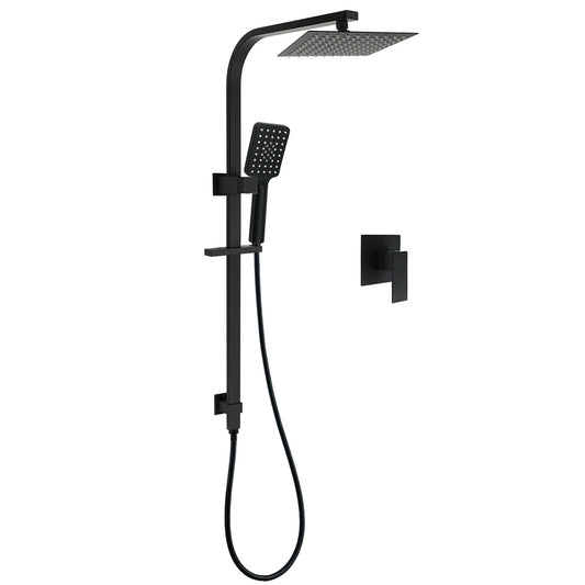 Matt Black Square Twin Shower Set 8" Rain Head 3 Modes Handheld Silde Rail Arm + Mixer