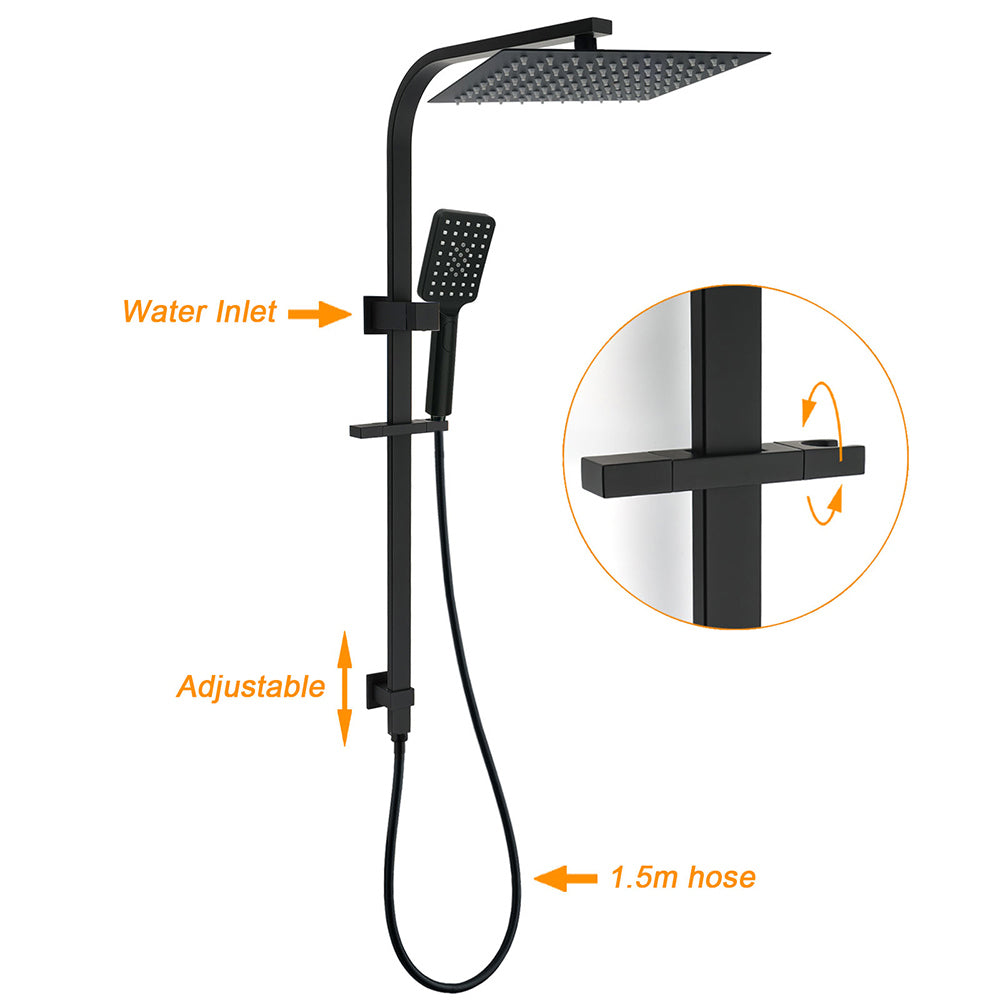 2in1 Shower Set Matt Black 12" Rainfall Head 3 Modes Handheld Silding Rail Combo