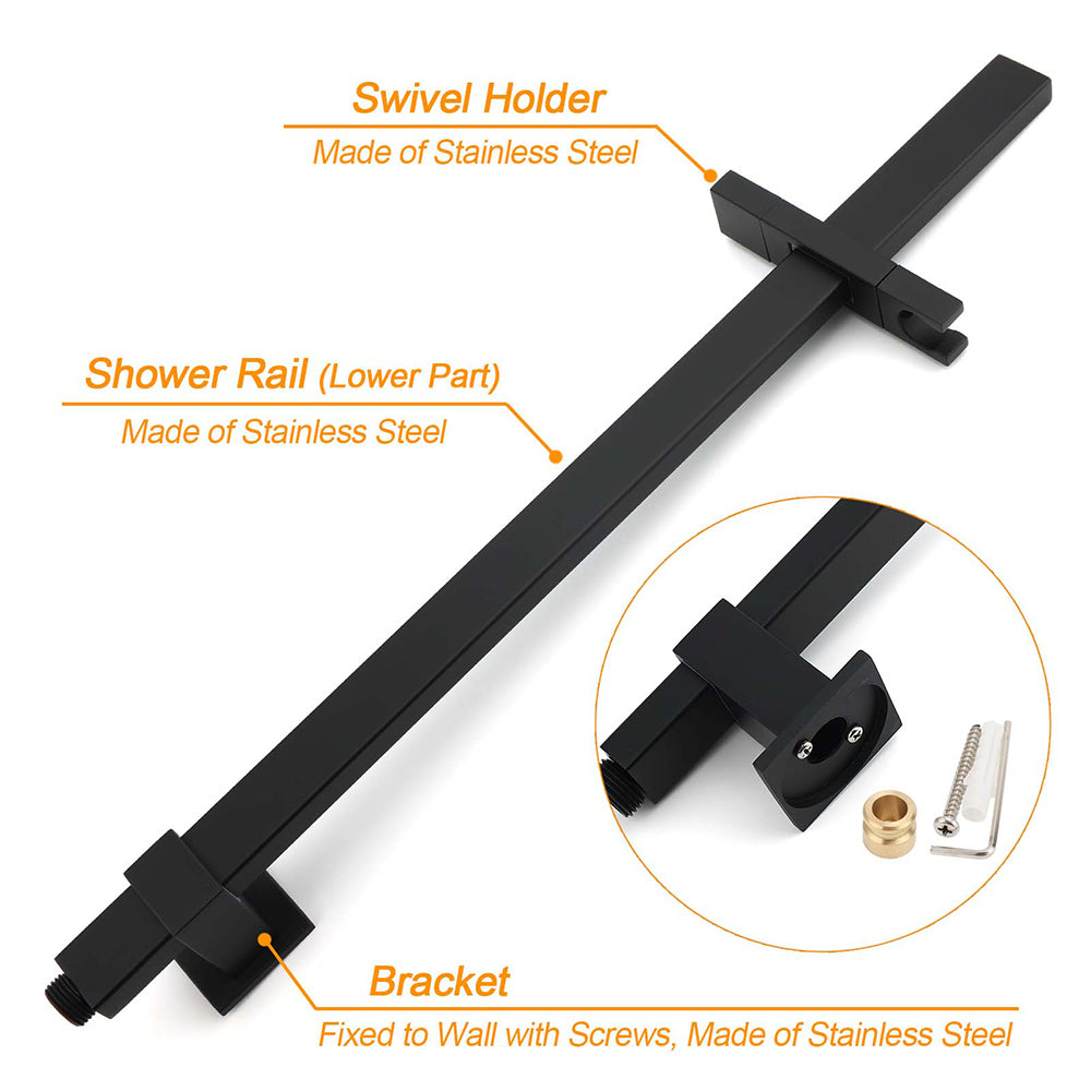 2in1 Shower Set Matt Black 12" Rainfall Head 3 Modes Handheld Silding Rail Combo