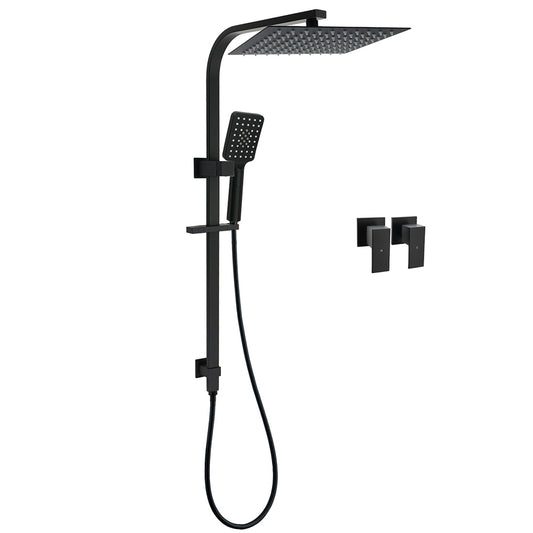 Dual Shower Set Matt Black 12" Rainfall Head 3 Modes Handheld Silding Rail Combo Double Taps
