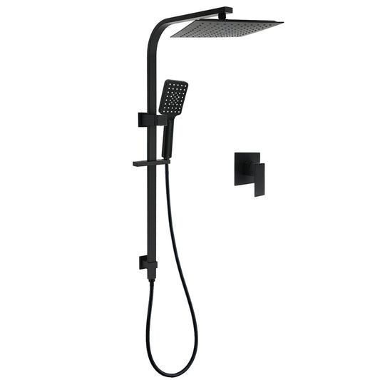 Matt Black Square Twin Shower 10" Rain Head 3 Modes Handheld Silde Rail Arm Mixer Set