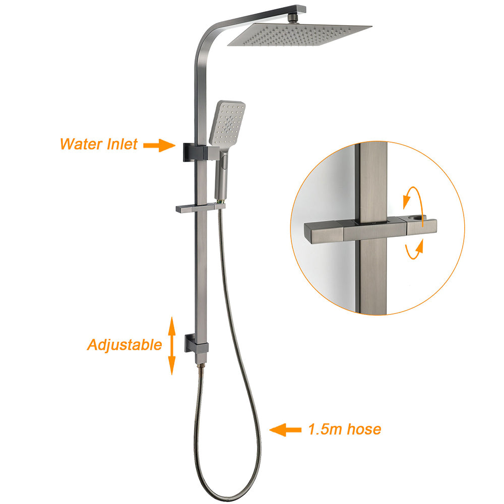 WELS Gun Metal Twin Shower Head Square Set 12" Rain Handheld Sliding Rail Diverter Wall Mixer