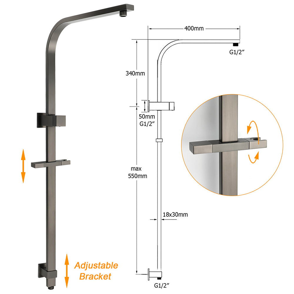 WELS Gun Metal Twin Shower Head Square Set 12" Rain Handheld Sliding Rail Diverter Wall Mixer