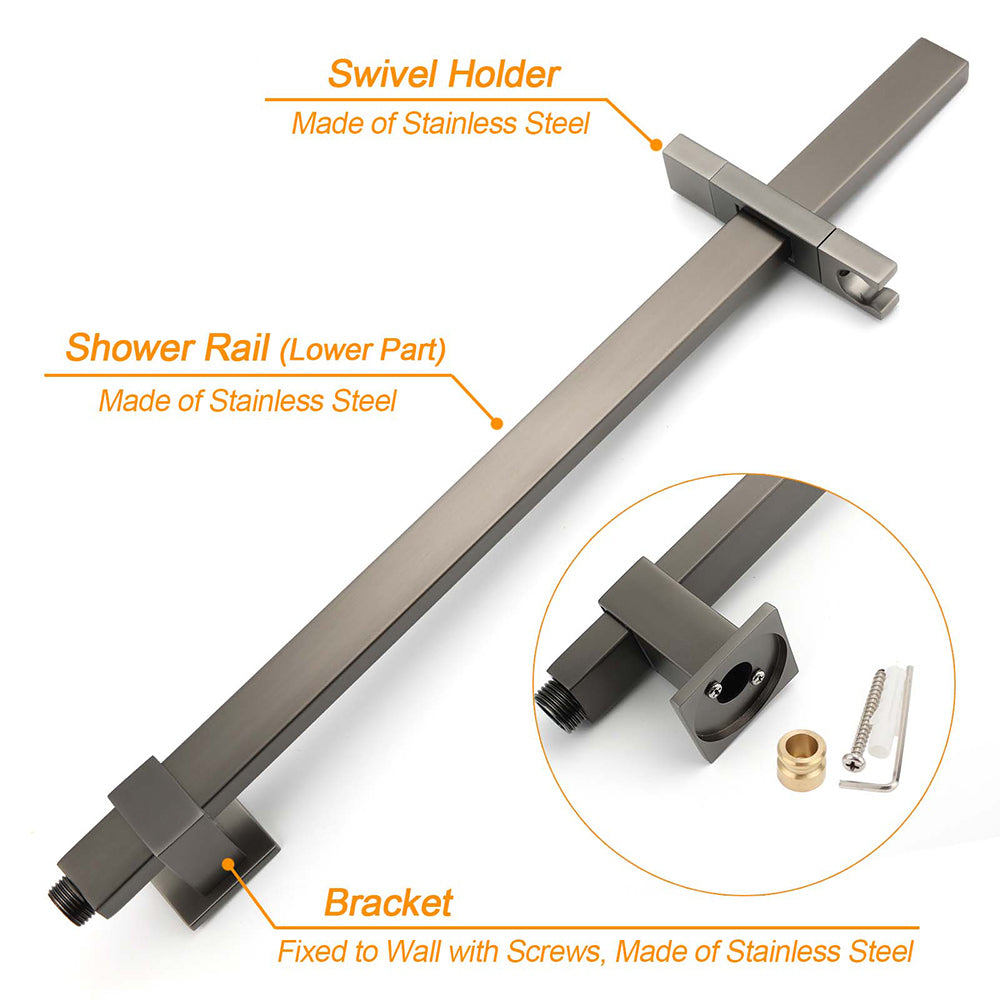 WELS Gun Metal Twin Shower Head Square Set 12" Rain Handheld Sliding Rail Diverter Wall Mixer