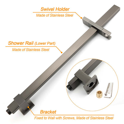 WELS Gun Metal Twin Shower Head Square Set 12" Rain Handheld Sliding Rail Diverter Wall Mixer
