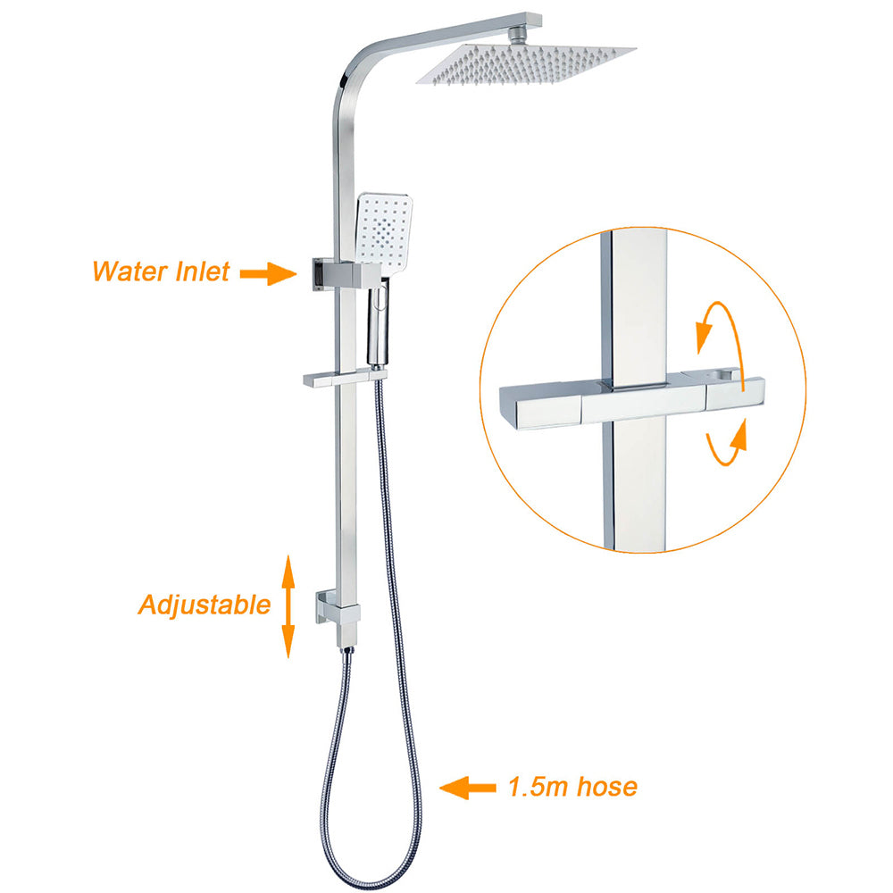 Chrome Twin Square Shower Set 8" Rain Shower Head 3 Function Handheld Rail Arm Taps