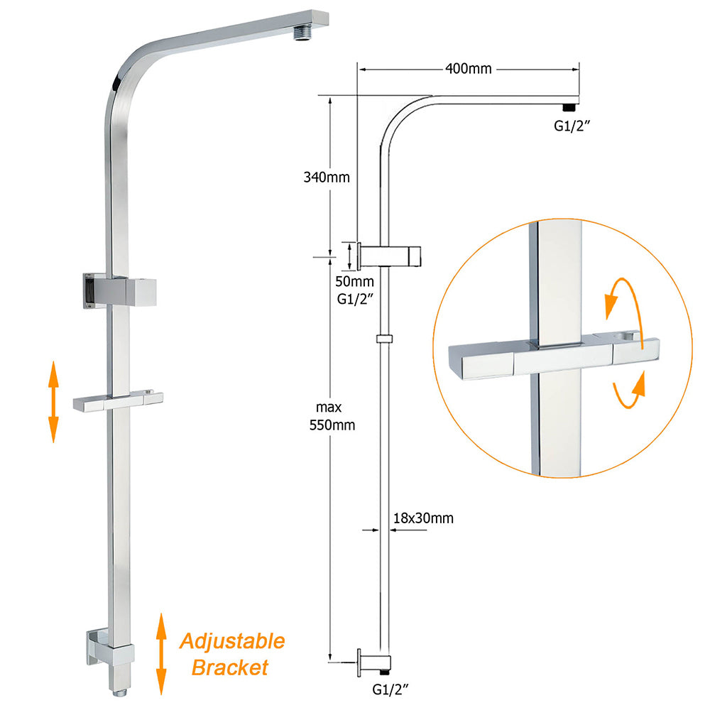 Chrome Dual Square Shower Set 12" Rain Shower Head 3 Function Handheld Rail Arm