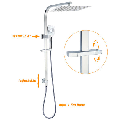 Chrome Twin Square Shower Set 12" Rain Shower Head 3 Function Handheld Rail Arm Taps