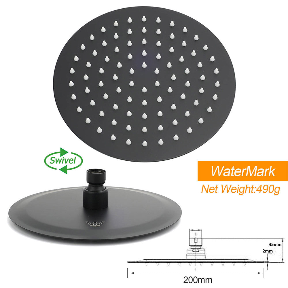 WELS Matt Black Twin Shower 8" Round Head Set Sliding Rail 3 Mode Handheld + Taps