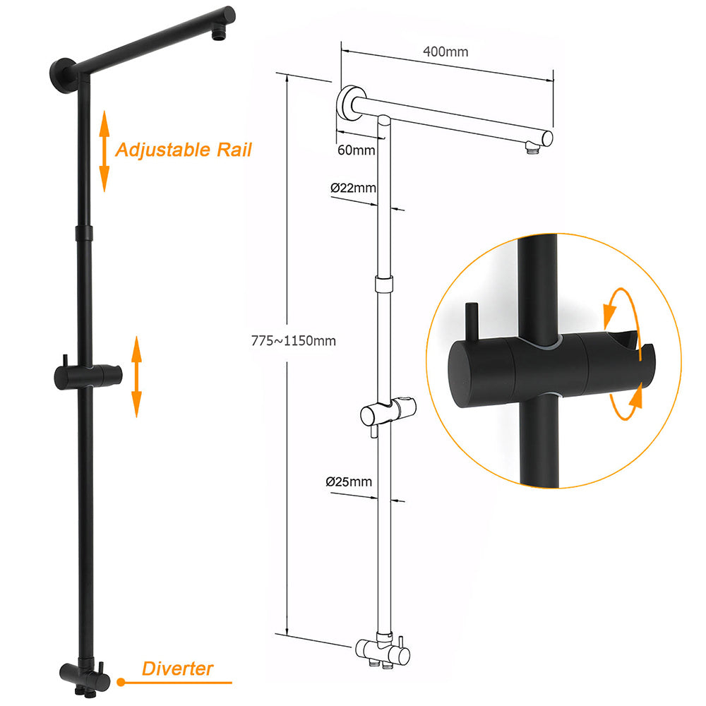WELS Dual Black Round Shower Set 10" Rain Head 3 Mode Handheld Sliding Rail Diverter