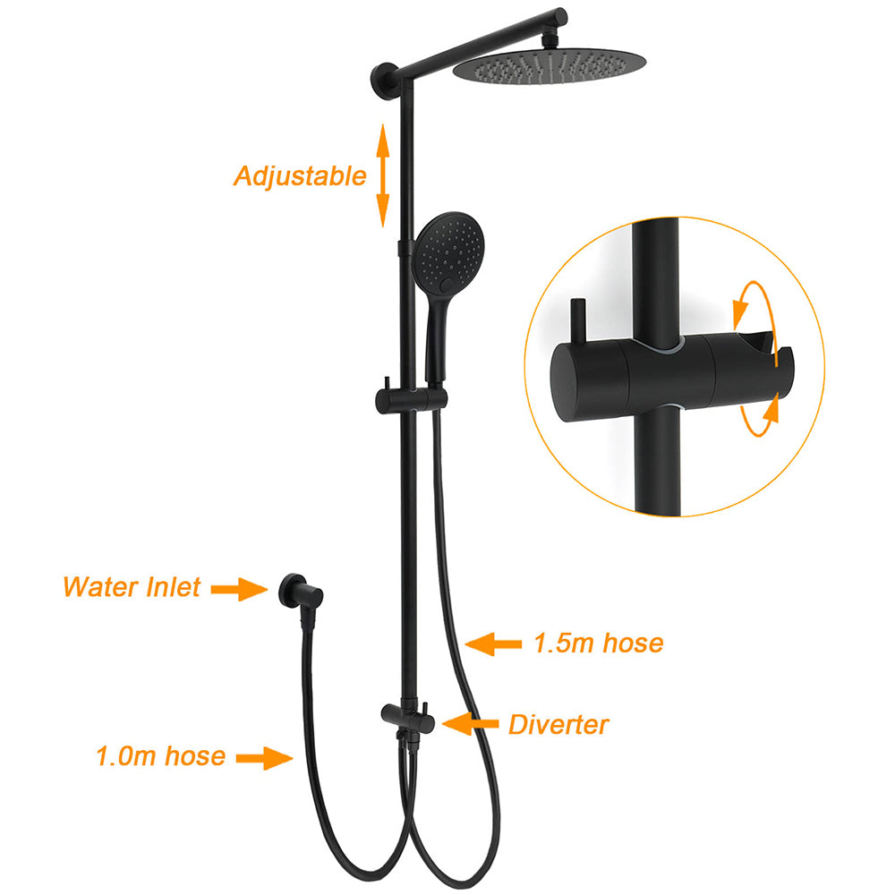 Dual Black Round Shower Set 10" Rain Head 3 Mode Handheld Sliding Rail Arm Twin Taps