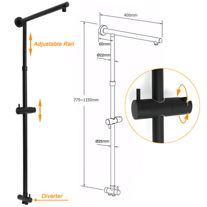 WELS Matte Black 12" 2in1 Round Shower Head Set Handheld Diverter Rail Wall Arm Twin Taps