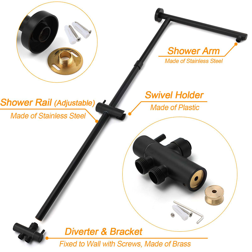WELS Matte Black 12" Twin Round Shower Head Set Handheld Diverter Rail Wall Arm Mixer