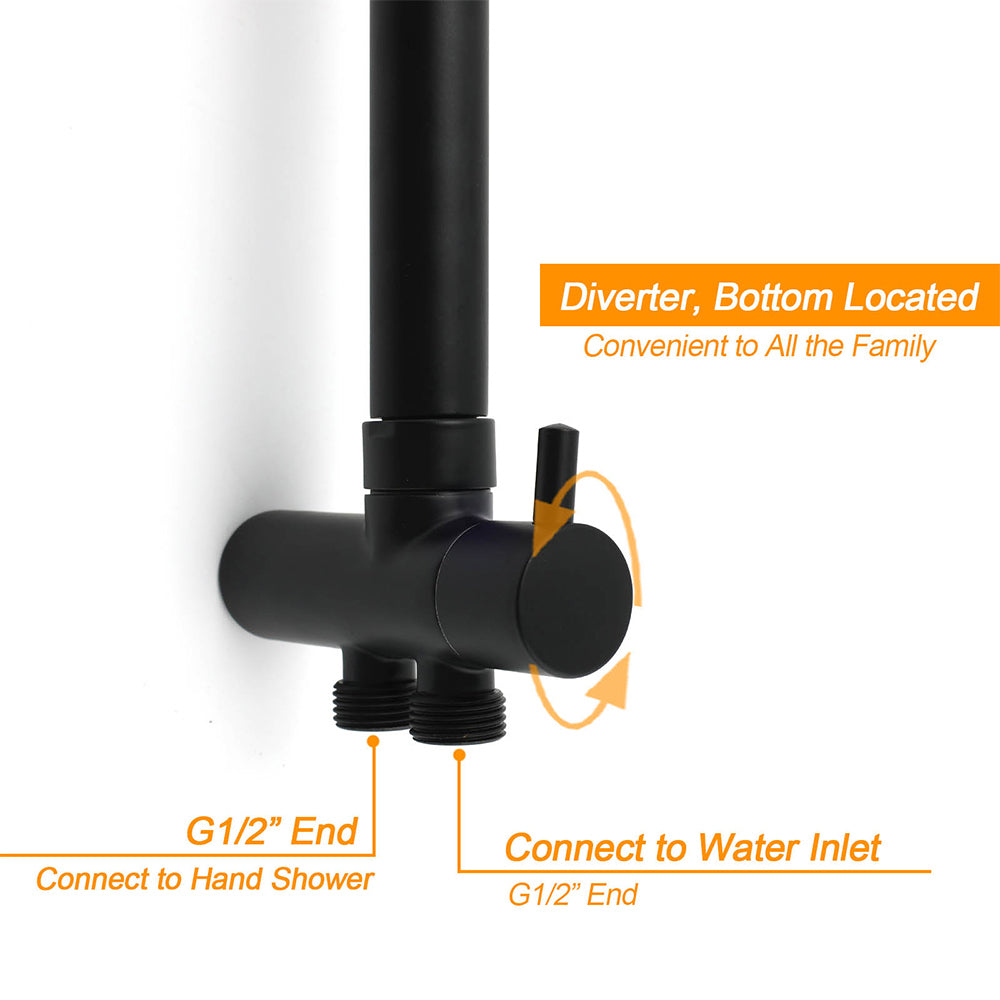 WELS Matte Black 12" Twin Round Shower Head Set Handheld Diverter Rail Wall Arm Mixer
