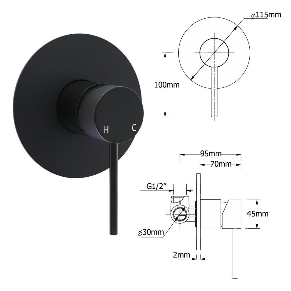 WELS Matte Black 12" Twin Round Shower Head Set Handheld Diverter Rail Wall Arm Mixer