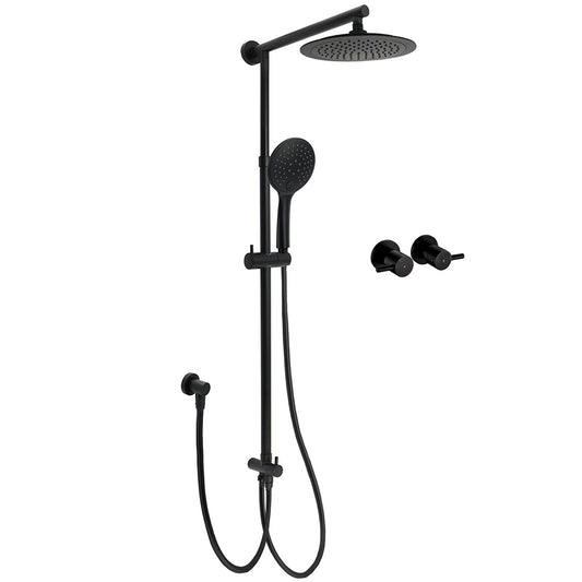 Matt Black 9" Round Rain Shower Head Handheld Adjustable Rail Arm Elbow Twin Set Hot Cold Taps