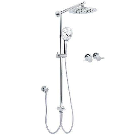 WELS Chrome Round 9" Rainfall Dual Shower Head & Handheld Sliding Rail Wall Arm Twin Taps
