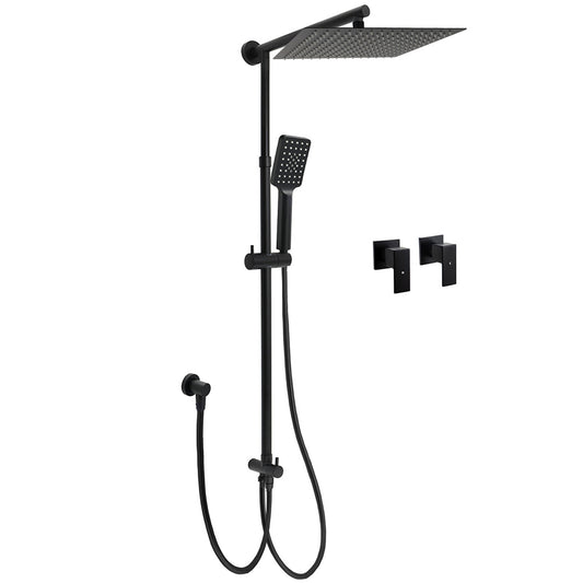 Matt Black Dual Shower Large 12" Square Head Handheld Adjustable Silde Rail Set Twin Taps