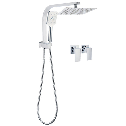 WELS Chrome Square Dual Rain Shower 8" Head 3 Mode Handheld Diverter Wall Arm Twin Taps Set