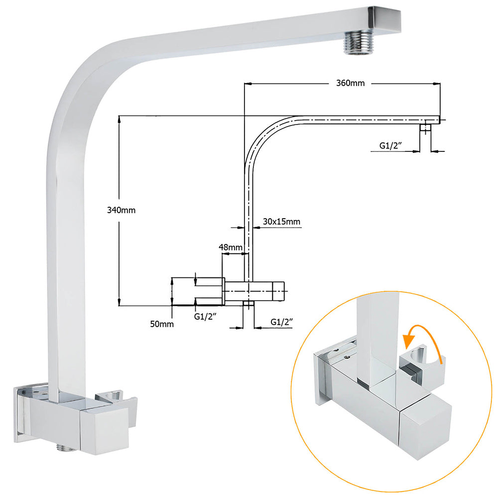 WELS Chrome Square Dual Rain Shower 8" Head 3 Mode Handheld Diverter Wall Arm Mixer Set