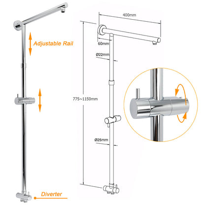 Chrome Square 10" Twin Shower Head Handheld Sliding Rail Set Wall Inlet Diverter