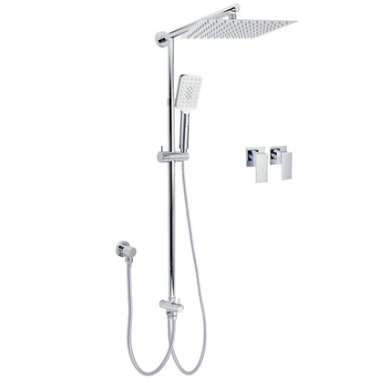 Chrome Square 10" Twin Shower Head Handheld Sliding Rail Set Wall Inlet Diverter Twin Taps