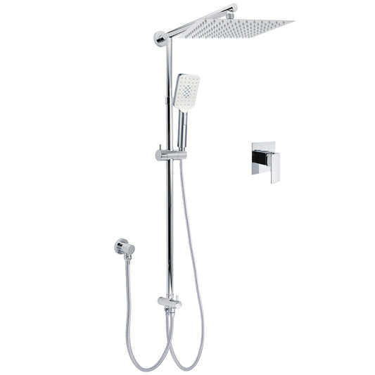Chrome Square 10" Twin Shower Head Handheld Sliding Rail Set Wall Inlet Elbow With Mixer