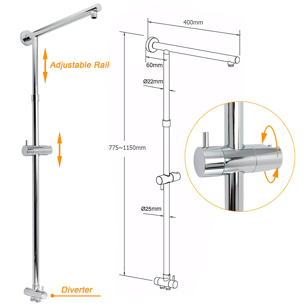 WELS Dual Square Shower Head 12" Rain Rose + 3 Modes Handheld Diverter Rail Arm Set