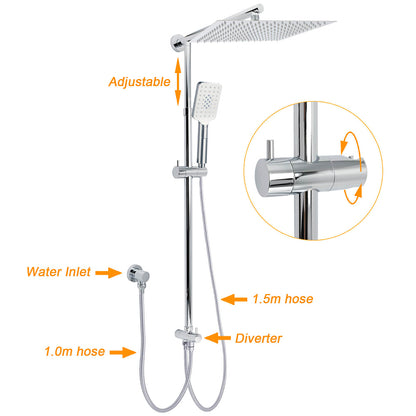 Double Square Shower Head 12" Rain Rose + 3 Modes Handheld Diverter Rail Arm Mixer Set