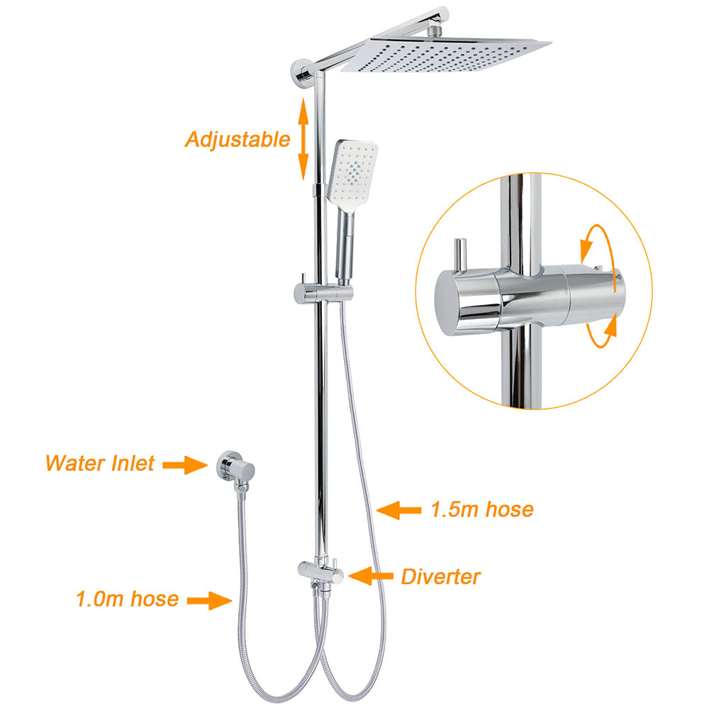 WELS Chrome Square 10" Rain Shower Head 3 Function Handheld Sliding Rail Wall Arm Set