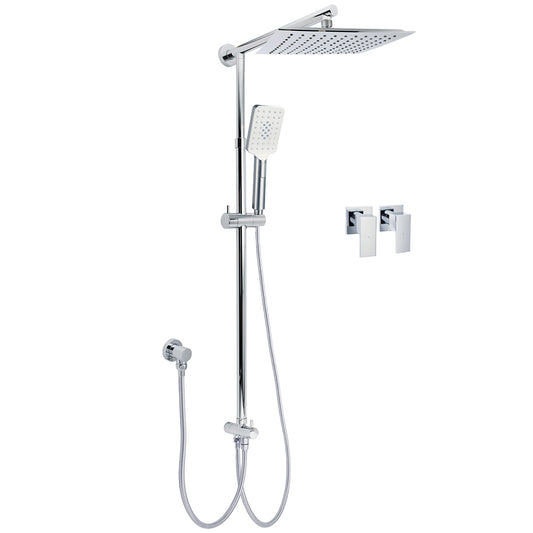 WELS Chrome Square 10" Rain Shower Head 3 Mode Handheld Sliding Rail Wall Arm Taps Set
