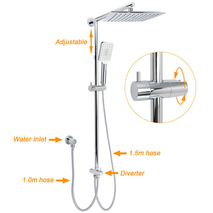 WELS Chrome Square 10" Rain Shower Head 3 Mode Handheld Sliding Rail Wall Arm With Mixer