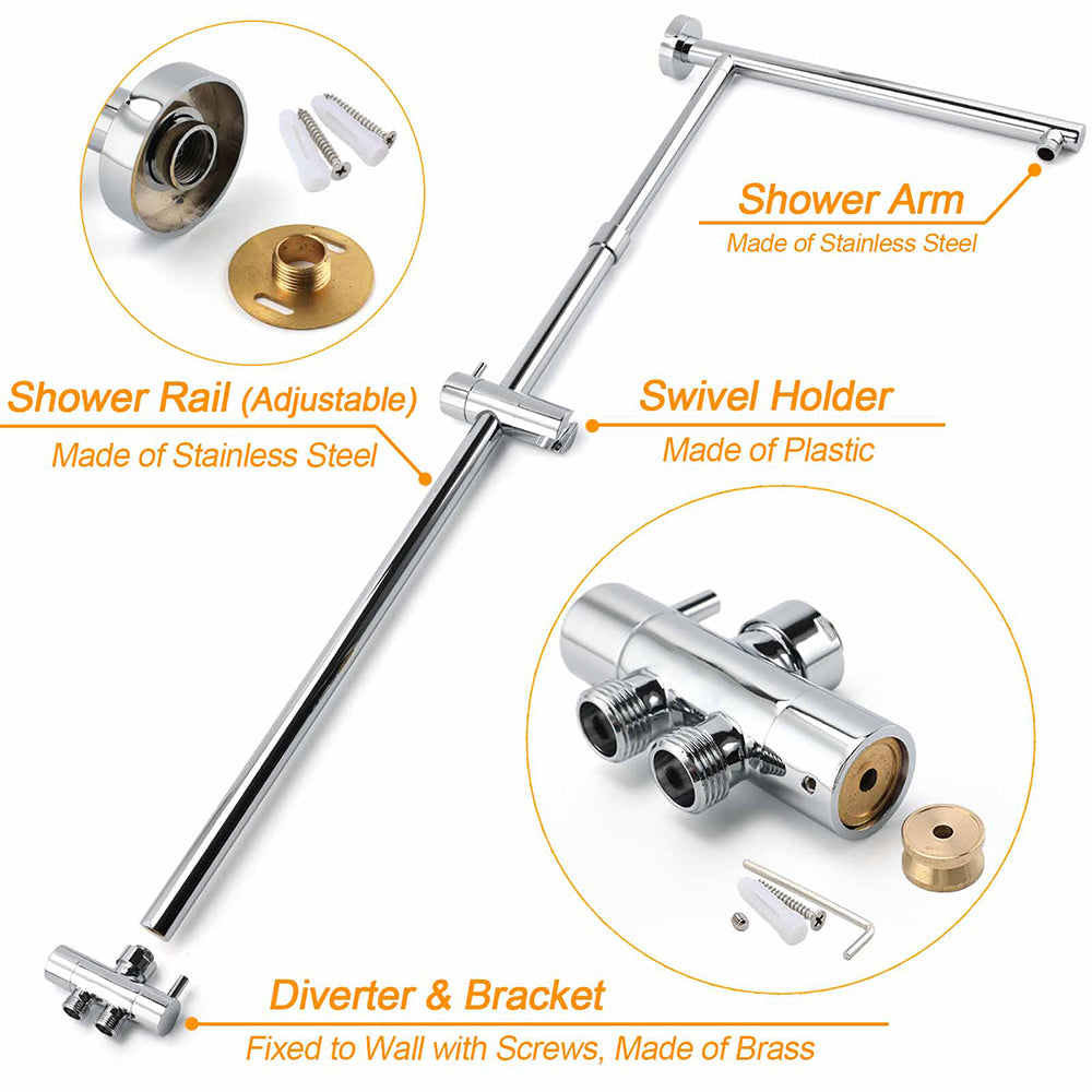 WELS Chrome Square 10" Rain Shower Head 3 Mode Handheld Sliding Rail Wall Arm With Mixer