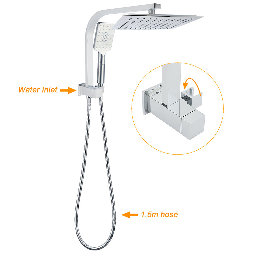 WELS Dual Square Shower Head 3 Mode Handheld Diverter Wall Arm 10" Rain Set