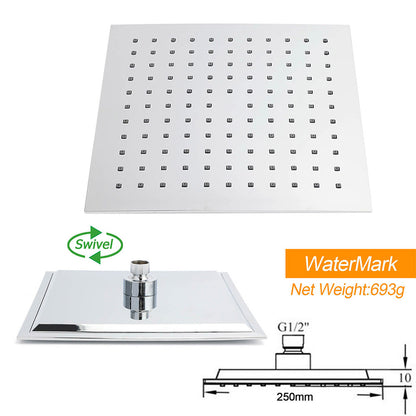 WELS Dual Square Shower Head 3 Mode Handheld Diverter Wall Arm 10" Rain Set