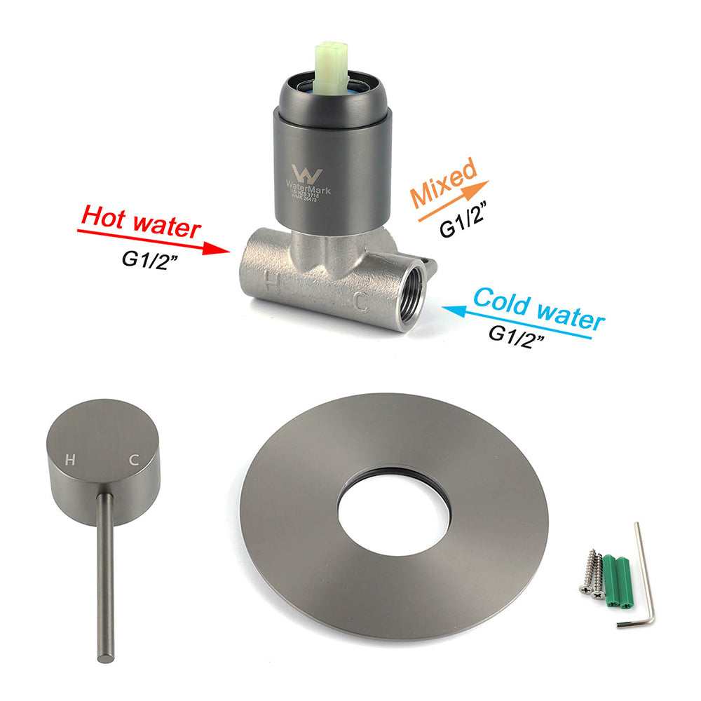 Watermark Gun Metal Grey Round Bathroom Shower Hot Cold Mixer Ceramic Cartridge