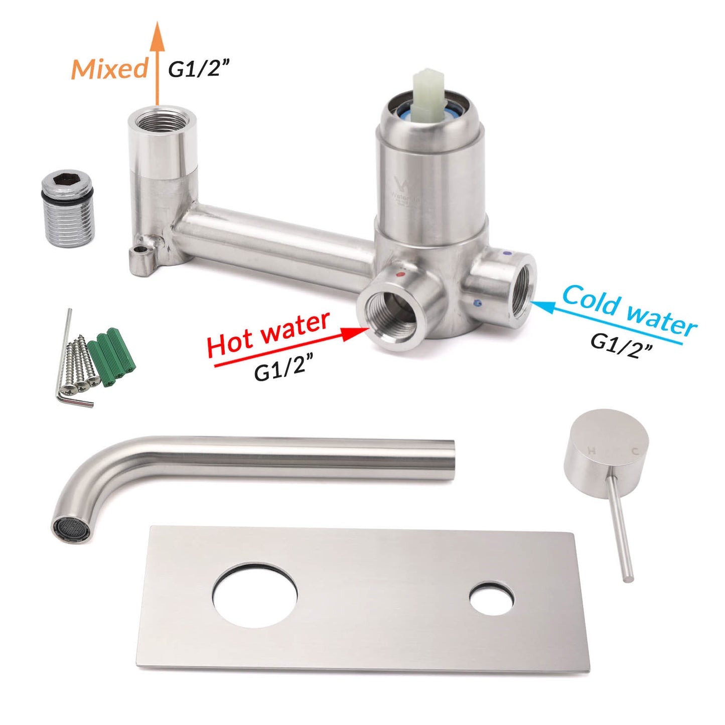 WELS Round Wall Mounted Basin Vanity Mixer Bath Tub Faucet Spout Brushed Nickel