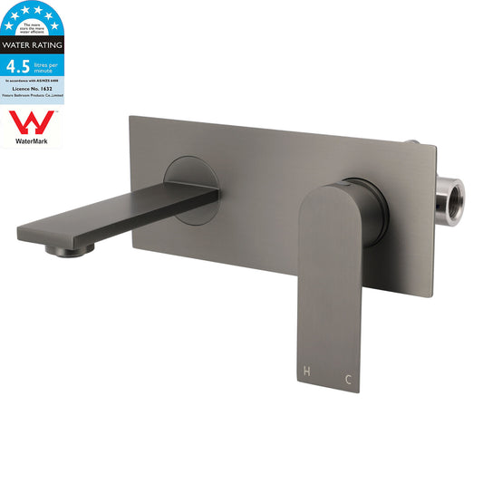WELS 4.5L/m Gun Metal Square Wall Mount Basin Mixer Laundry Faucet Tap Spout Set