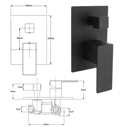 Matt Black Square Stainless Steel Shower Mixer 2 Way Bath Set Diverter Watermark