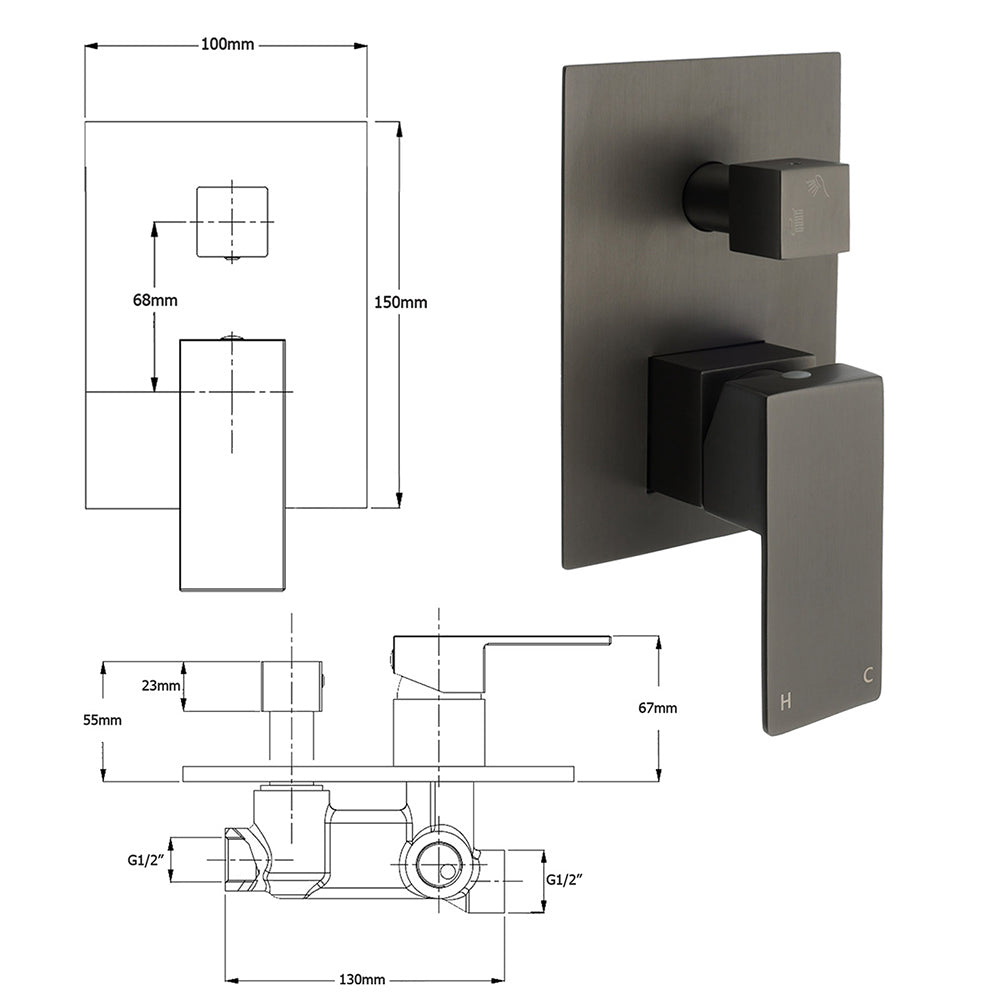 Gun Metal Square Stainless Steel Bath Shower Mixer 2 Way Switch Diverter Watermark