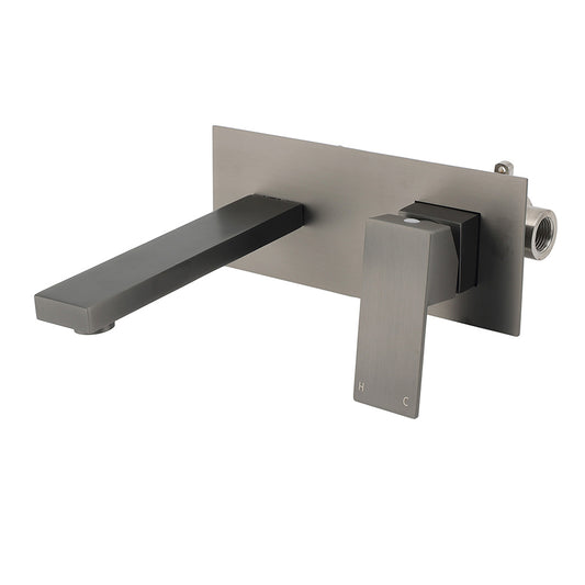 WELS Gun Metal Square Wall Mount Basin Mixer Laundry Vanity Tap Spout Faucet Set
