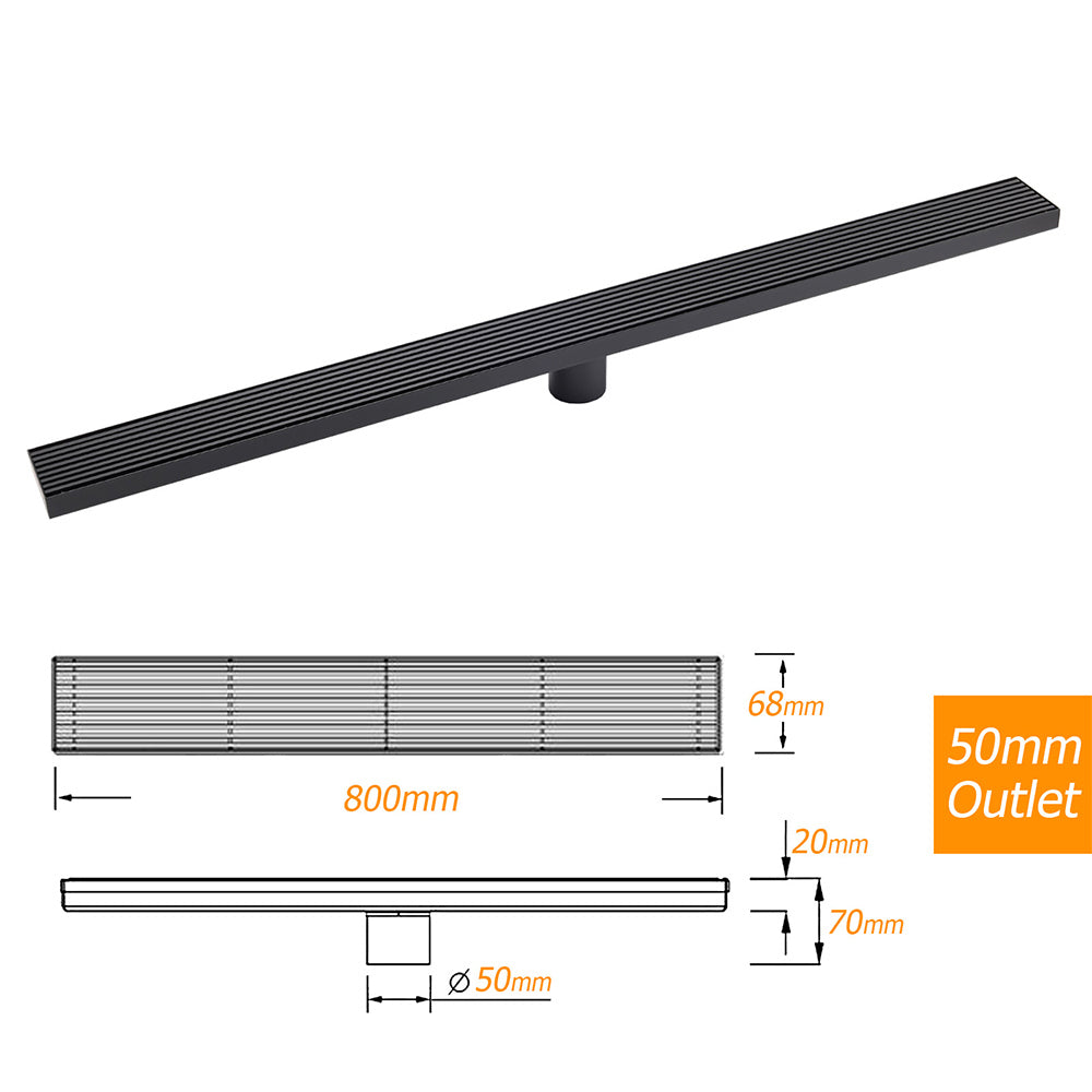 Matt Black 600mm Strip Fence Sword Shower Grate Floor Drain 50mm Waste Outlet