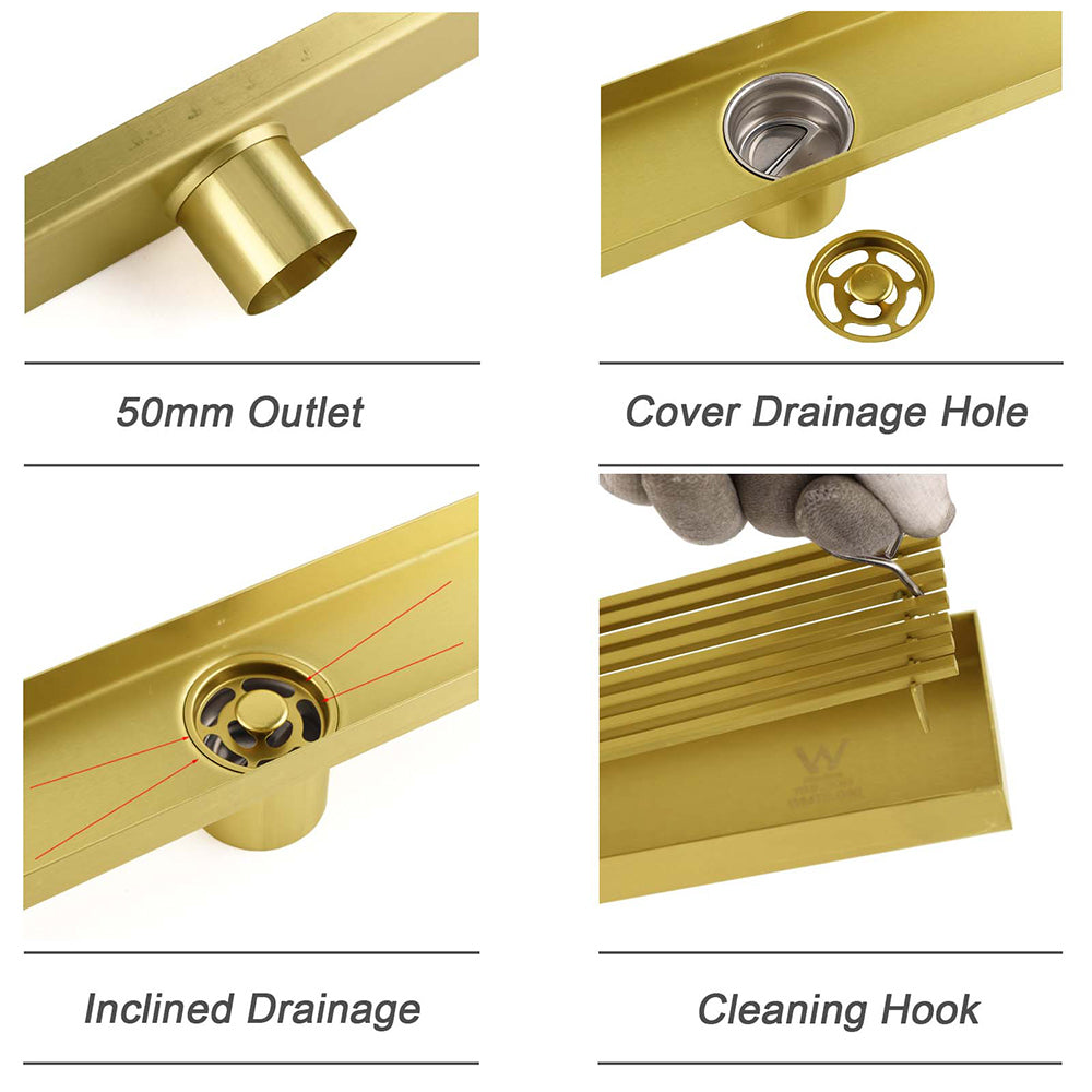 Brushed Gold Bathroom 800mm Strip Fence Long Shower Grate Floor Drain 50mm Waste