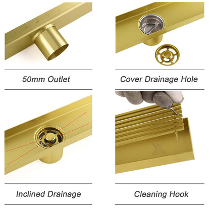 Brushed Gold SUS 900mm Strip Fence Bathroom Floor Shower Grate Drain 50mm Outlet