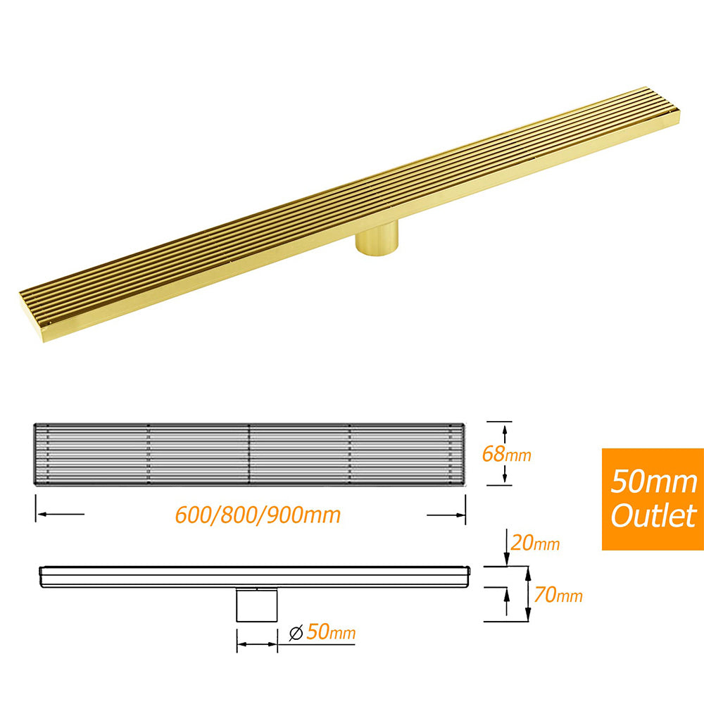 Brushed Gold SUS 900mm Strip Fence Bathroom Floor Shower Grate Drain 50mm Outlet