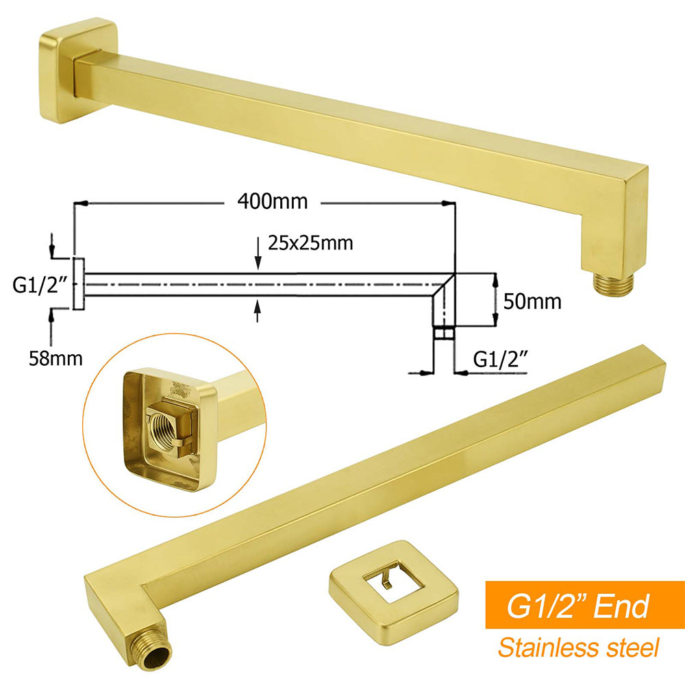 WELS Brushed Gold 8" Square Rainfall Shower Head 400mm Long Straight Wall Arm Set