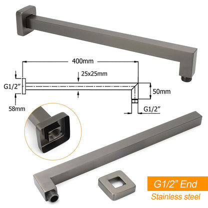 Gun Metal 12" Square Large Rainfall Shower Head 400mm Straight Wall Mounted Arm Set