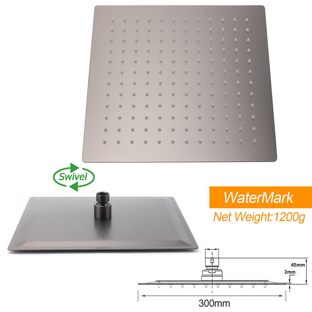 Gun Metal 12" Square Large Rainfall Shower Head 400mm Straight Wall Mounted Arm Set